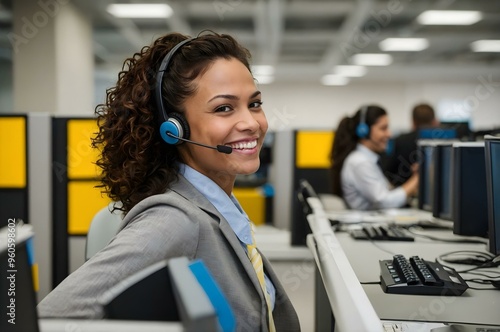 A curly-haired woman smart dressed, smiling and wearing a headset, works as a call center operator in a busy yellow office. As a representative, he offers customer support and manages communication.