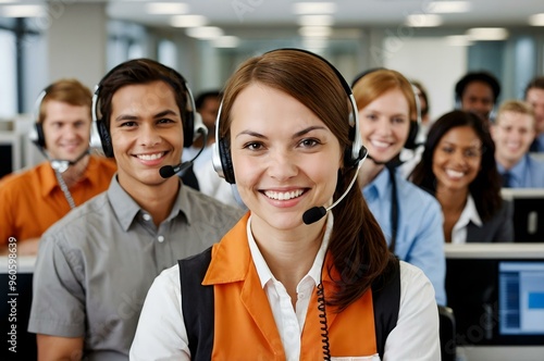 A brown-haired woman orange dressed, smiling and wearing a headset, works as a call center operator in a bustling office. As a representative, he offers customer support and manages communication.