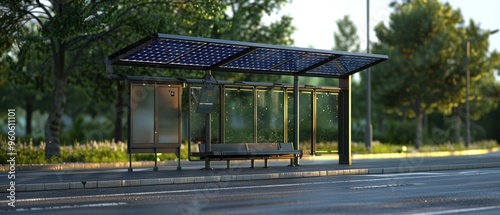 Futuristic Eco-Friendly Design: Solar Panels Integrated into Bus Stop Shelter in Stunning 8K UHD Resolution