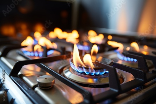 Detailed close up of an active gas stove burner for enhanced visibility and search relevance