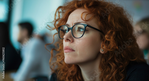 Uma mulher com cabelos ruivos cacheados e óculos parece preocupada ou pensativa em uma sala de reunião movimentada, possivelmente considerando questões ou desafios comerciais importantes