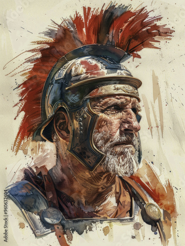 Watercolor painting of a Roman centurion in armor