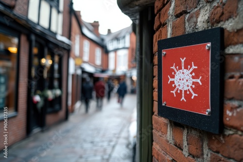 COVID 19 Safety Sign for Shoppers: Contagion Awareness in Town Centre Shopping Area