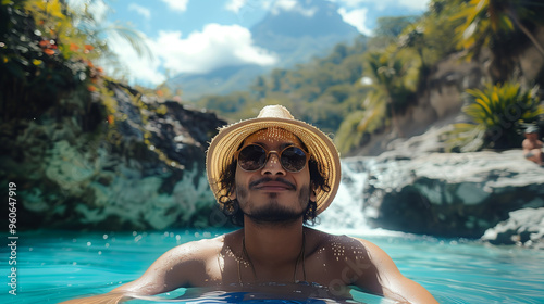 Latin guy enjoying his vacation in a paradisiacal lagoon