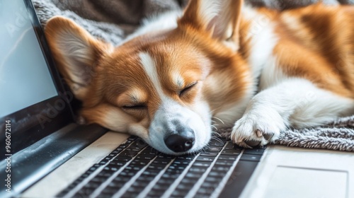 An exhausted Jack Russell Terrier dog breed is pictured sleeping on a laptop next to a gray sofa or couch because the pet hasn't slept for a week or so.