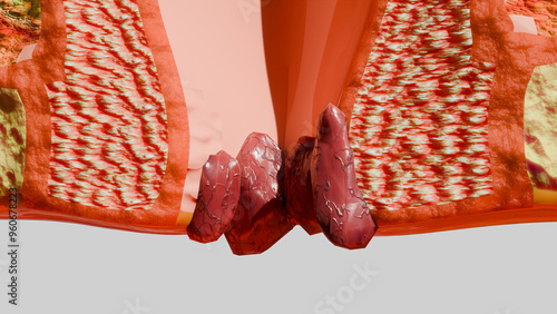 internal and external hemorrhoids piles, Human Anatomy Cross section, fistula, fissure, Virus infection in anal canal or lower rectum, treatment and prevention concept, external thrombosis, 3d render 