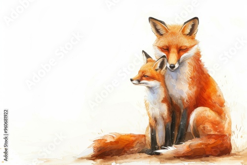 A watercolor painting of a mother fox with her young kit sitting together on a white background. Children's Book Illustration