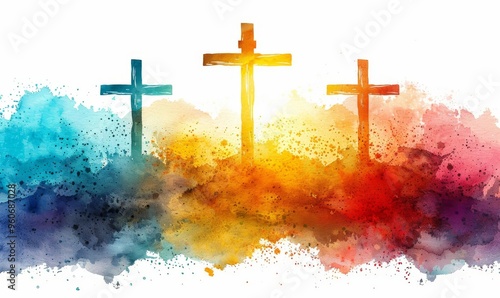 A vibrant display of three crosses emerging from a colorful explosion of hues at sunset, symbolizing hope and faith amidst the beauty of a painted sky