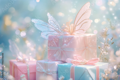 A whimsical, fairy-tale background with gifts wrapped in pastel colors, adorned with delicate fairy wings and glitter, set against a soft, dreamlike backdrop.