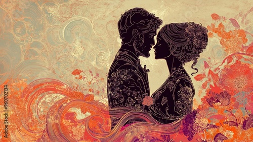 Romantic Silhouette of a Couple Amidst a Colorful Floral Background