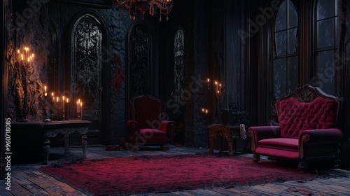 A Dark and Eerie Victorian Room with Red Velvet Furniture and Candles