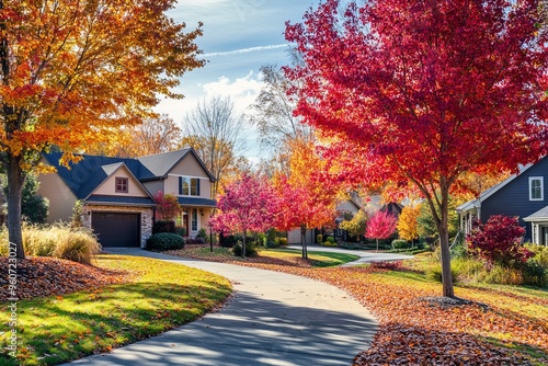 A suburban street and sidewalk in autumn