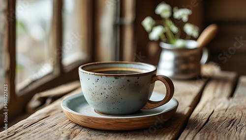 Cozy coffee cup on rustic wooden table, perfect for elevating morning routines