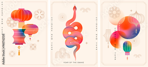 Chinese new year 2025 year of the Snake. Red Snake illustrations, vertical design, cards, banners. Red traditional Chinese vector designs with snakes. Lunar new year concept, geometric modern design