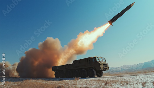 ICBM ballistic missile being launched at remote location military test base. Large transportation vehicle near. Generative AI