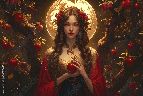 Beautiful witch with red apple in autumn forest. Mabon sabbat, Samhain. Autumn equinox holiday. Wiccan pagan religion. Witchcraft, magic ritual, esoteric spiritual ritual concept