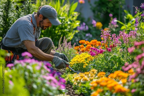 Focused gardener tending to vibrant floral garden in blooming summer sunlight