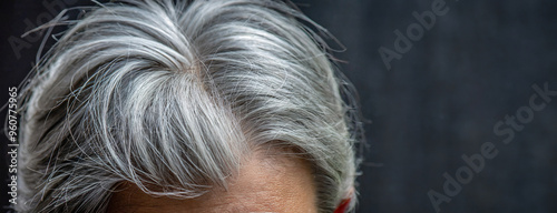 Close-up of a man gray hair from above, showing detailed texture of the strands and natural color, set against a neutral dark background.