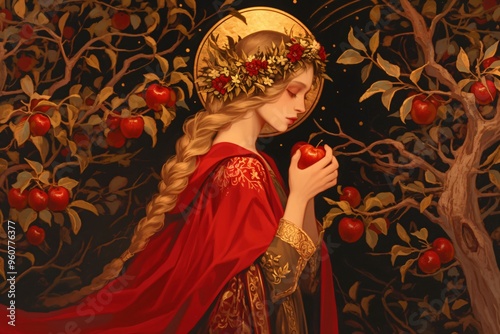 Beautiful witch with red apple in autumn forest. Mabon sabbat, Samhain. Autumn equinox holiday. Wiccan pagan religion. Witchcraft, magic ritual, esoteric spiritual ritual concept