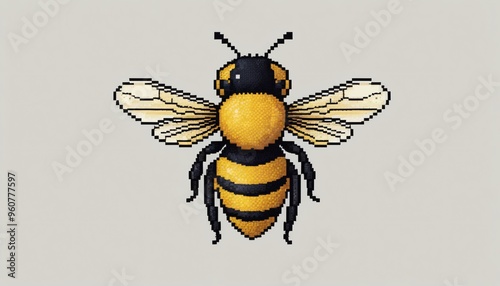 Pixel illustration d'abeille jaune noire aile fond gris