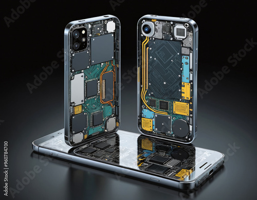 Illustrative fictional representation of a transparent cell phone shows the technology, circuit paths and microprocessors inside