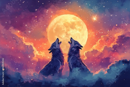 Charming watercolor werewolves howling at a full moon, with a backdrop of soft clouds and twinkling stars