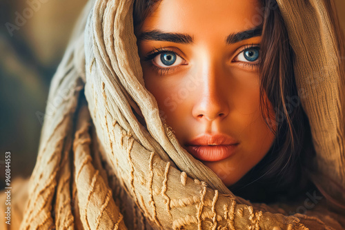 Close up portrait of a woman with a shawl looking at camera. Biblical character concept