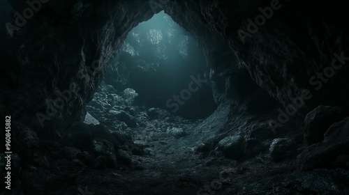 A dark cave with jagged rocks and stalactites, illuminated by natural light filtering through the entrance at the top.