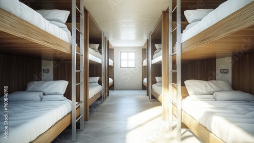 Sunlit dormitory with wooden bunk beds and neatly made white bedding