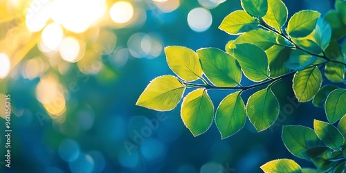 Folhas verdes frescas de primavera e verÃ£o com reflexos do sol e fundo de cacu azul, vista da natureza com bokeh desfocado 