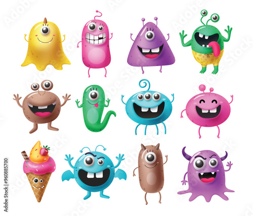 Halloween monsters characters vector set design. Halloween cute colorful monster character in happy, joyful, fun, cheerful facial expressions and horror emoticon in white isolated background. Vector 