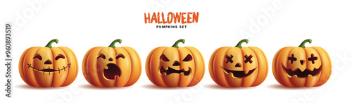 Halloween pumpkins set vector design. Halloween orange pumpkin with funny faces for holiday season spooky trick or treat collection isolated in white background. Vector illustration seasonal scary 