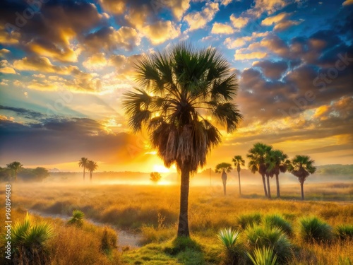 dramatic sunset sabal palm tree landscape with warm golden light and misty atmosphere highlighting rugged trunks and delicate fronds