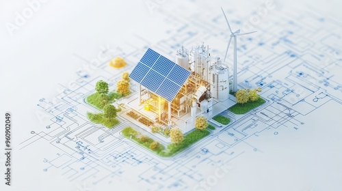 Detailed Blueprint of a Renewable Energy Plant Showcasing Solar and Wind Designs