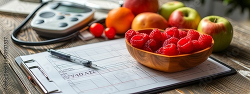 Blood Pressure Monitor, Fruits, and Medical Chart on Wooden Table