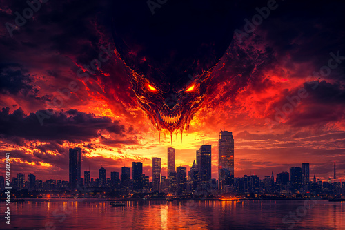 Satan devil face in the sky over modern city, evil, armageddon