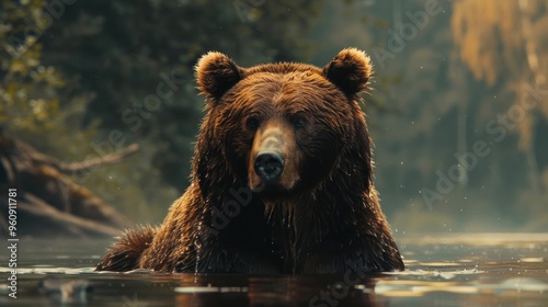 Wild bear standing waist deep in a clear, rushing stream.