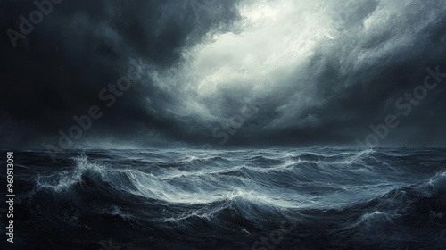 Visualize a moody, overcast sky above a restless ocean, with dark clouds looming over the turbulent waves, creating a dramatic and atmospheric seascape