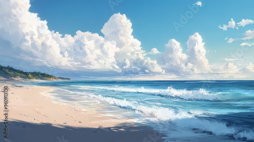 Visualize a serene coastline with fluffy clouds floating above, the calm waves gently rolling onto the shore and the soft light creating a peaceful atmosphere