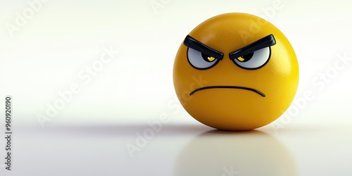 A striking yellow expression emoji ball portraying anger with furrowed brows, positioned against a minimalist backdrop, symbolizing strong emotions in a playful yet serious tone