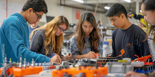 Engineering students working on robotics project, Group of students building robotic machinery