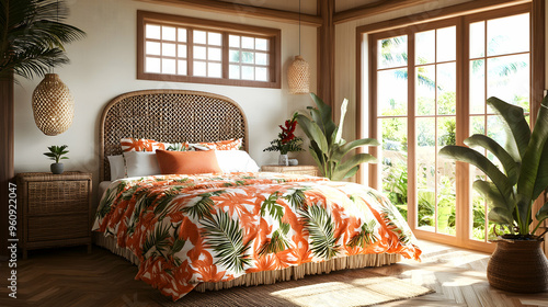 Bed with a tropical-themed bedspread and matching decor in a vibrant, nature-inspired room, sunlight pouring in from large windows, wooden floors, and palm leaf accents creating a tranquil atmosphere