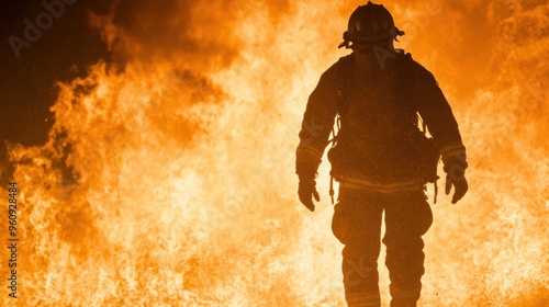 A firefighter courageously advances through intense flames, working tirelessly to control the raging fire in a residential neighborhood