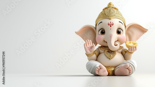 A cartoon elephant with a gold head and gold ears sits on a white background