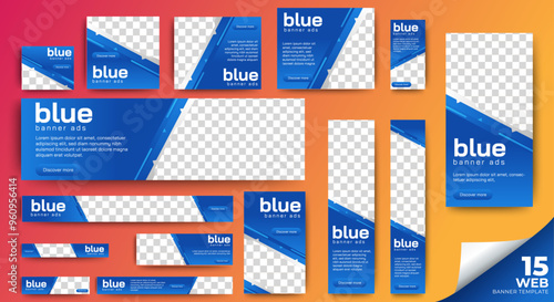 Blue web banner template vector design. Ads banner set bundle with space for images.