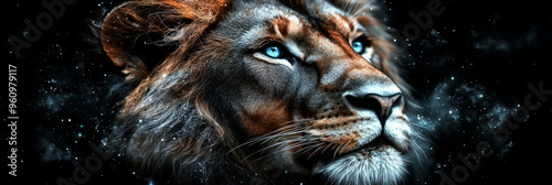 A majestic lion with piercing blue eyes stares intensely against a starry backdrop.