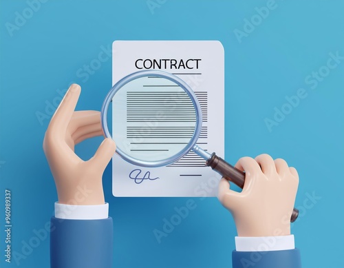 3D hand uses a magnifying glass to examine a contract, 3D illustration