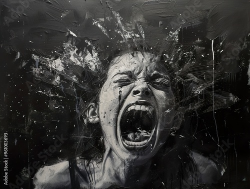 A woman's face with her mouth open in a scream with splashes of paint coming out of her head.