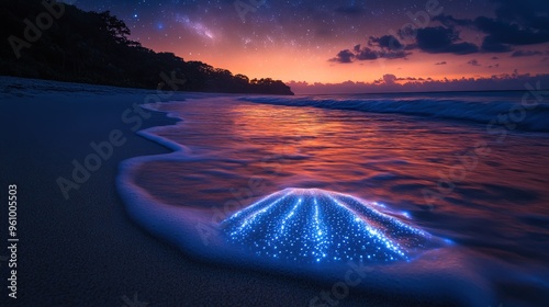 A glowing bioluminescent organism on a sandy beach at sunset, with the Milky Way visible in the sky above.