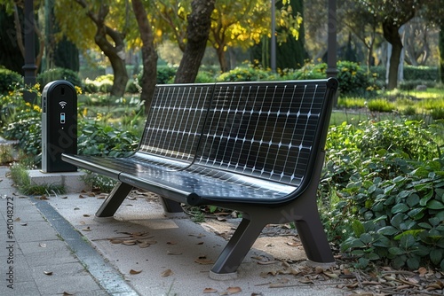 A modern solar-powered bench situated in a green park, ideal for relaxation and sustainable outdoor activities.